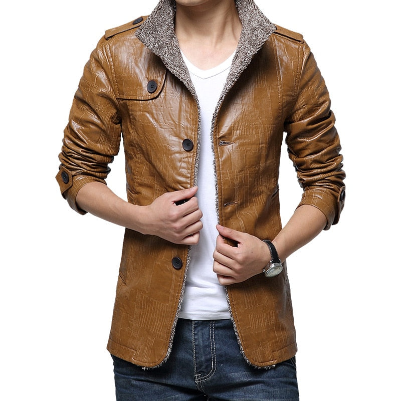 Chaqueta de piel sintética para hombre. Abrigo grueso ajustado de manga larga. Campera con cuello levantado.