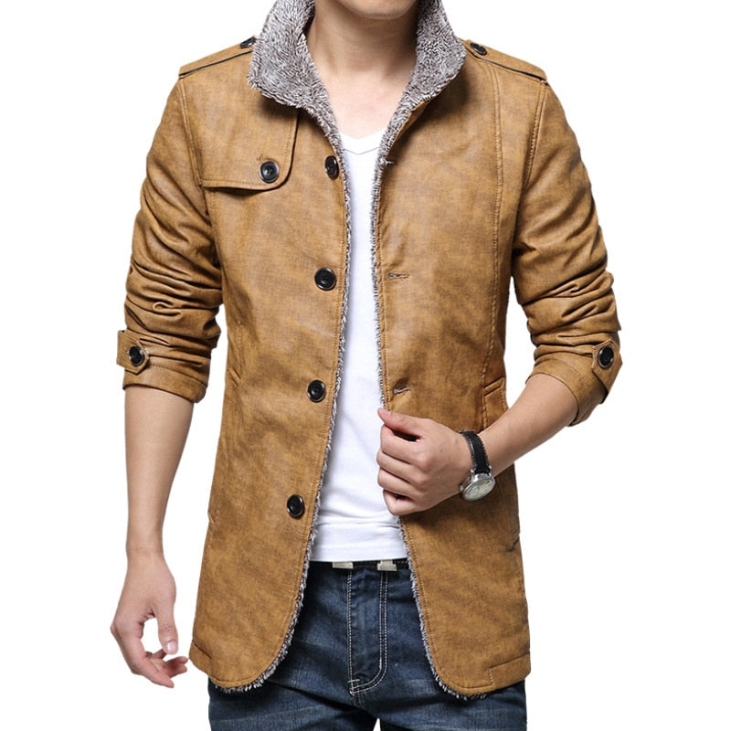 Chaqueta de piel sintética para hombre. Abrigo grueso ajustado de manga larga. Campera con cuello levantado.