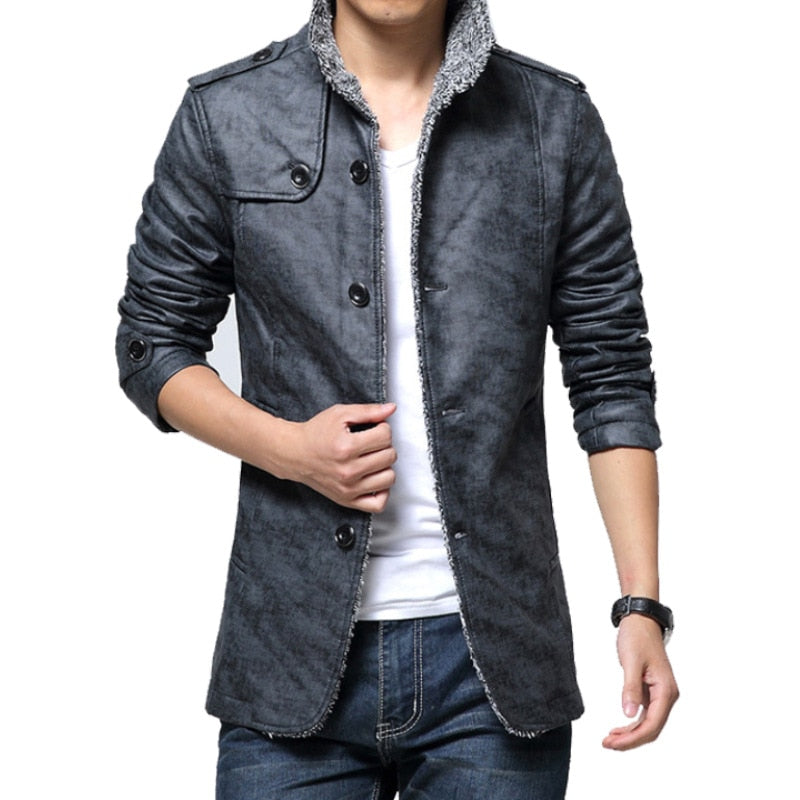 Chaqueta de piel sintética para hombre. Abrigo grueso ajustado de manga larga. Campera con cuello levantado.