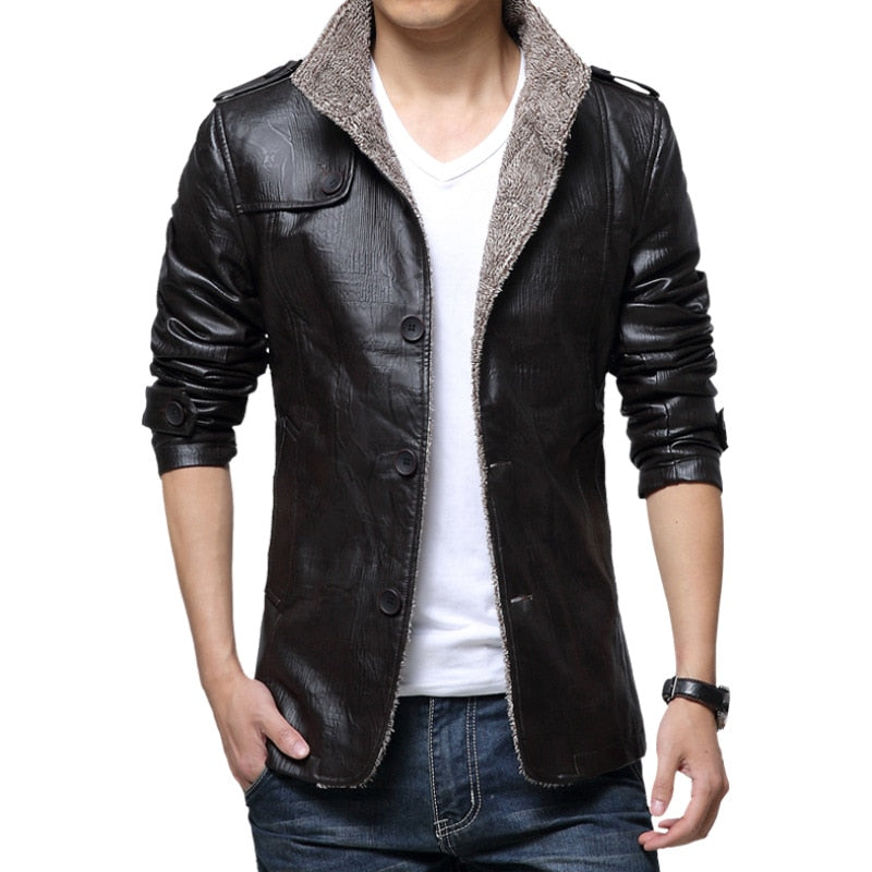 Chaqueta de piel sintética para hombre. Abrigo grueso ajustado de manga larga. Campera con cuello levantado.