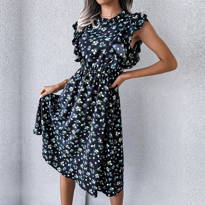 Vestido con manga volantes. Vestido con estampado para mujer.