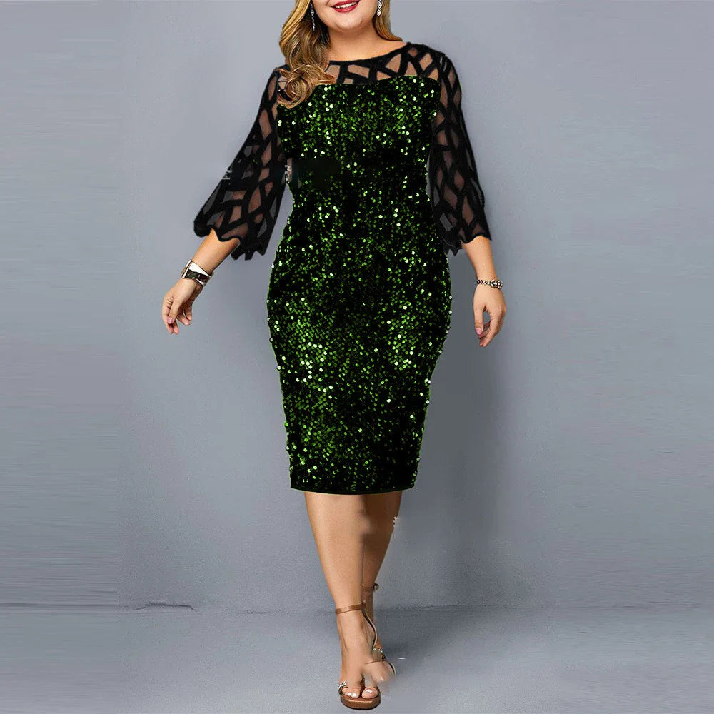 jf23  Elegant Sequin Plus Size 4XL 5XL Women Midi Dress Sexy Casual Evening Party Dresses Gown Wedding Luxury Robe Rouge Vestidos