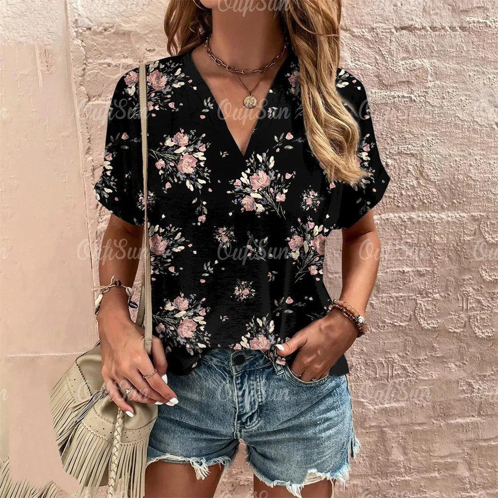 Short Sleeve V Neck Tshirt Women's Fashions Loose Plus Size Clothing Crushed Flower Casual T Shirts Streetwear Casual Woman Tops