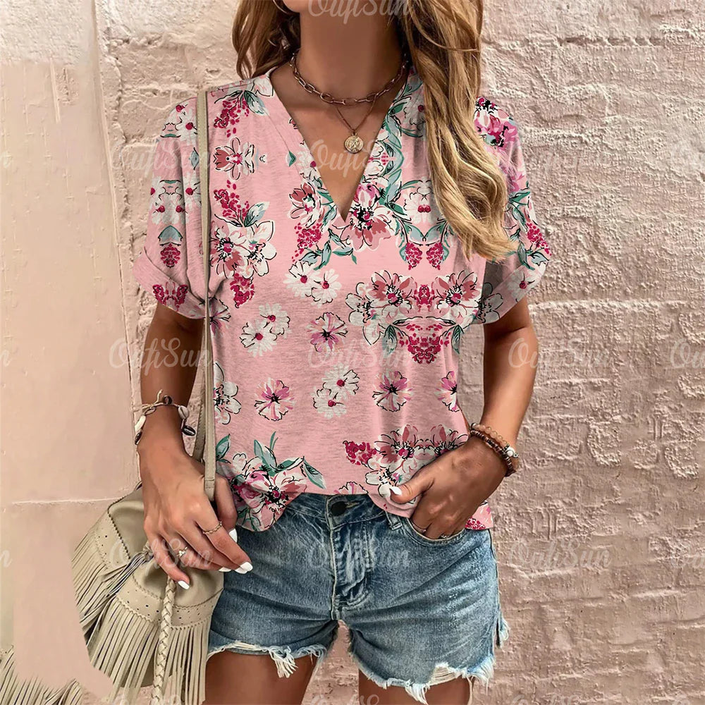 Short Sleeve V Neck Tshirt Women's Fashions Loose Plus Size Clothing Crushed Flower Casual T Shirts Streetwear Casual Woman Tops