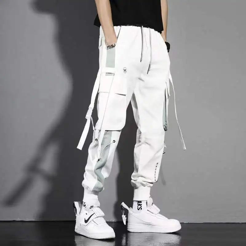 Classic Streetwear Casual Men Ribbons Harem Jogging Pants Male Slim Fit Spring Cargo Pants Multi-Pockets Women Trousers