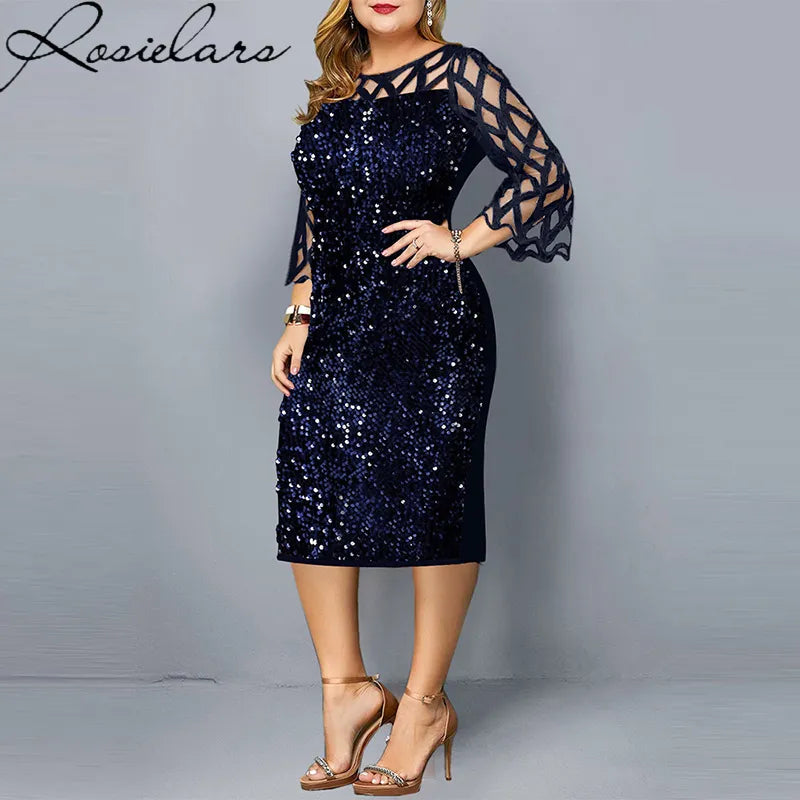 jf23  Elegant Sequin Plus Size 4XL 5XL Women Midi Dress Sexy Casual Evening Party Dresses Gown Wedding Luxury Robe Rouge Vestidos