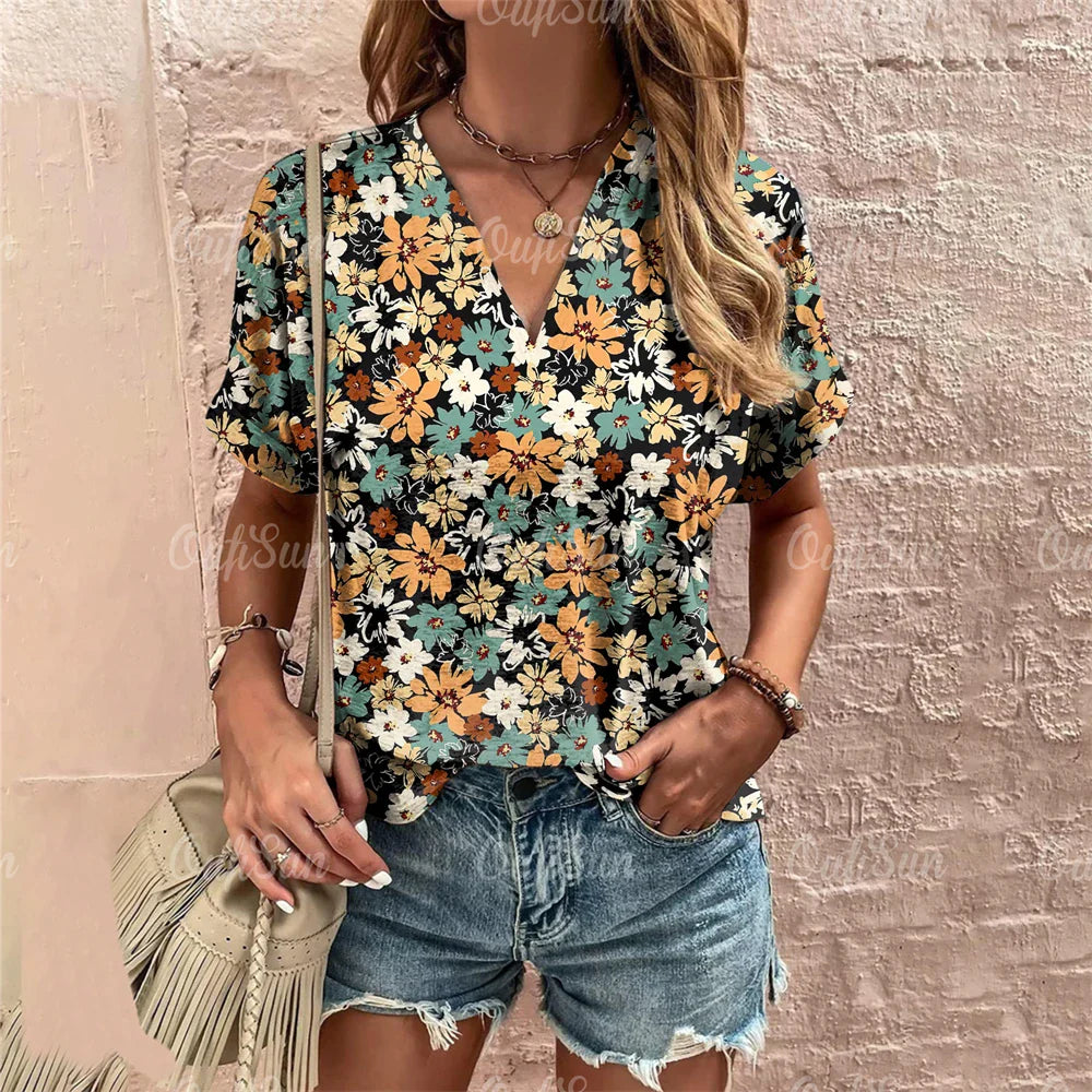 Short Sleeve V Neck Tshirt Women's Fashions Loose Plus Size Clothing Crushed Flower Casual T Shirts Streetwear Casual Woman Tops