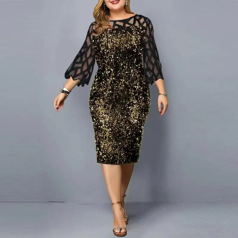 jf23  Elegant Sequin Plus Size 4XL 5XL Women Midi Dress Sexy Casual Evening Party Dresses Gown Wedding Luxury Robe Rouge Vestidos