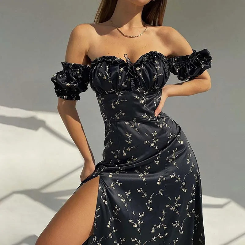 Vestido con abertura y estampado Floral con volantes para mujer.