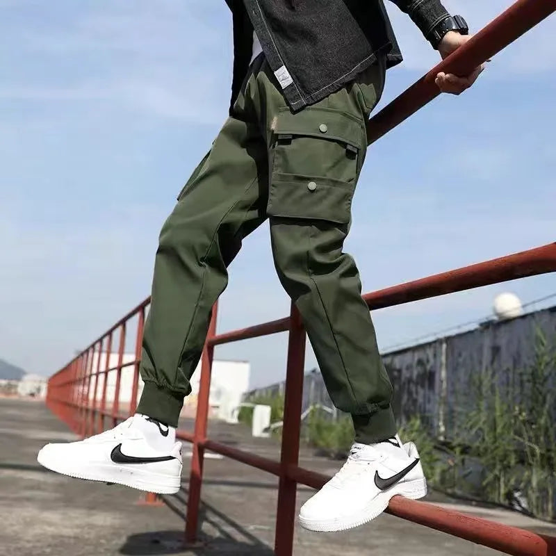 Classic Streetwear Casual Men Ribbons Harem Jogging Pants Male Slim Fit Spring Cargo Pants Multi-Pockets Women Trousers