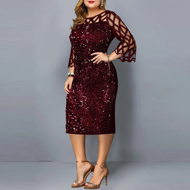 jf23  Elegant Sequin Plus Size 4XL 5XL Women Midi Dress Sexy Casual Evening Party Dresses Gown Wedding Luxury Robe Rouge Vestidos