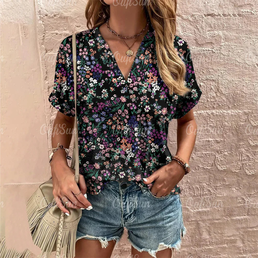 Short Sleeve V Neck Tshirt Women's Fashions Loose Plus Size Clothing Crushed Flower Casual T Shirts Streetwear Casual Woman Tops