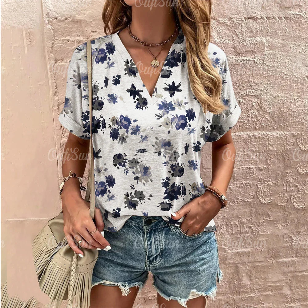 Short Sleeve V Neck Tshirt Women's Fashions Loose Plus Size Clothing Crushed Flower Casual T Shirts Streetwear Casual Woman Tops