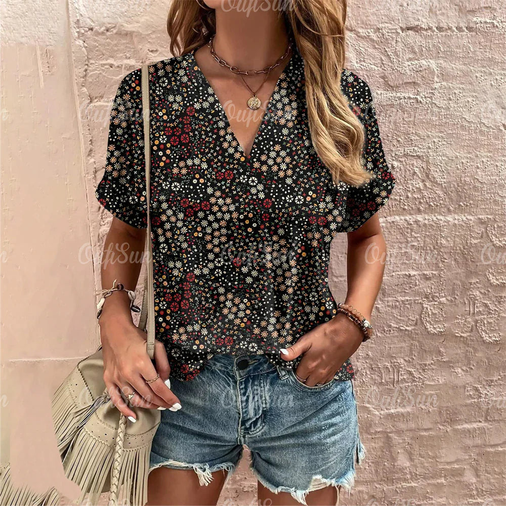 Short Sleeve V Neck Tshirt Women's Fashions Loose Plus Size Clothing Crushed Flower Casual T Shirts Streetwear Casual Woman Tops