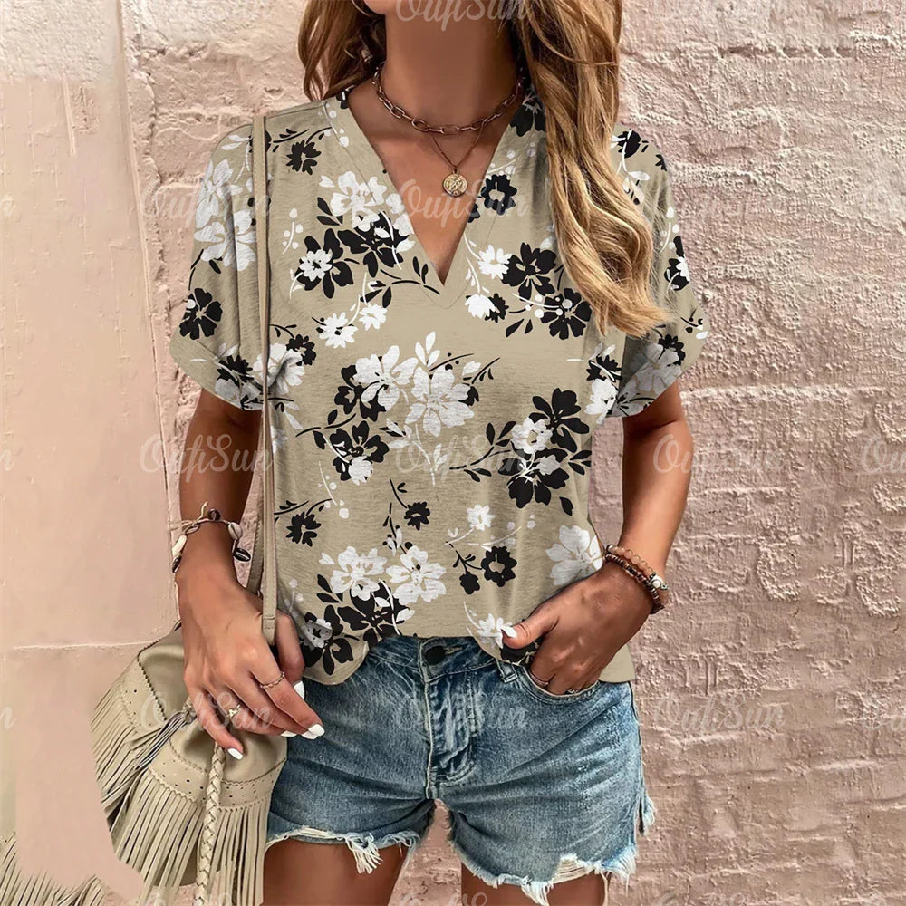 Short Sleeve V Neck Tshirt Women's Fashions Loose Plus Size Clothing Crushed Flower Casual T Shirts Streetwear Casual Woman Tops