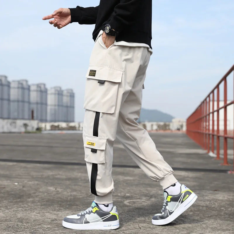 Classic Streetwear Casual Men Ribbons Harem Jogging Pants Male Slim Fit Spring Cargo Pants Multi-Pockets Women Trousers