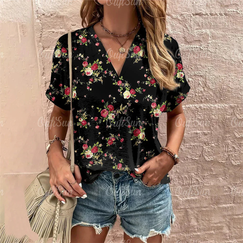 Short Sleeve V Neck Tshirt Women's Fashions Loose Plus Size Clothing Crushed Flower Casual T Shirts Streetwear Casual Woman Tops