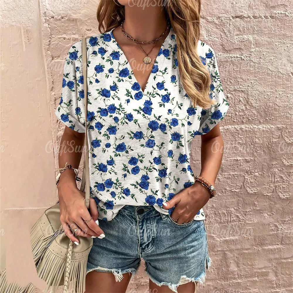 Short Sleeve V Neck Tshirt Women's Fashions Loose Plus Size Clothing Crushed Flower Casual T Shirts Streetwear Casual Woman Tops