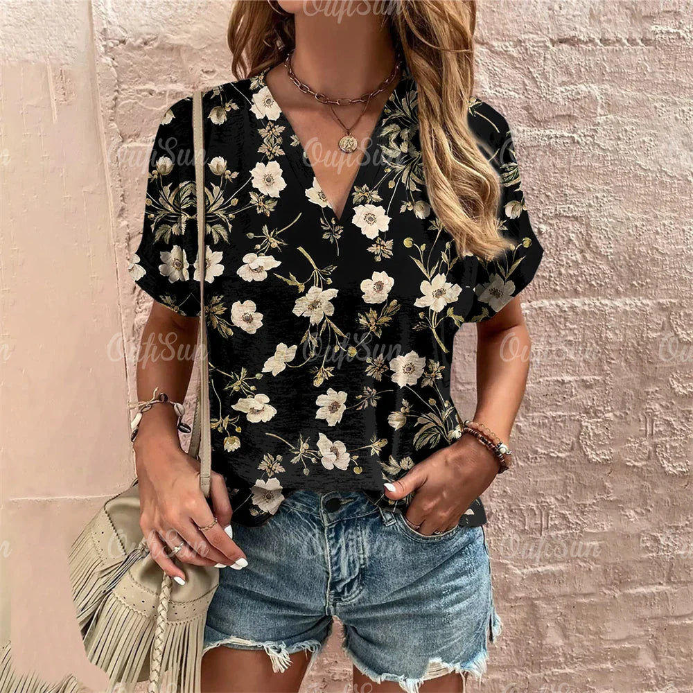 Short Sleeve V Neck Tshirt Women's Fashions Loose Plus Size Clothing Crushed Flower Casual T Shirts Streetwear Casual Woman Tops