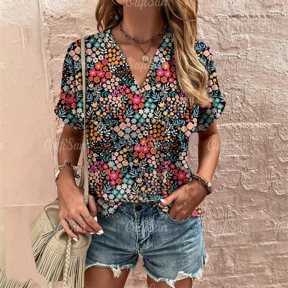 Short Sleeve V Neck Tshirt Women's Fashions Loose Plus Size Clothing Crushed Flower Casual T Shirts Streetwear Casual Woman Tops