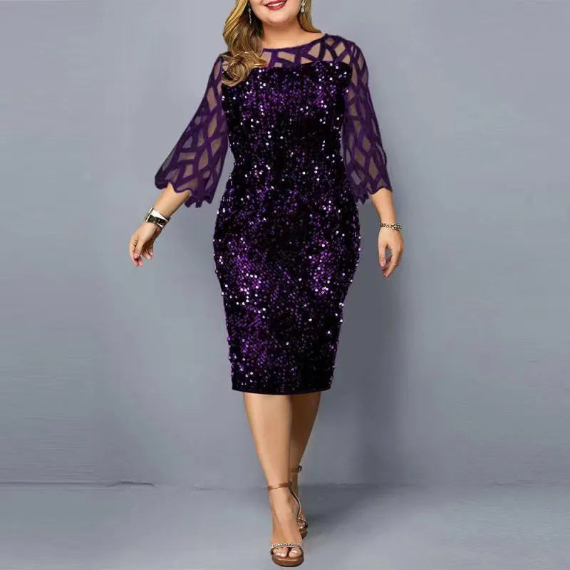 jf23  Elegant Sequin Plus Size 4XL 5XL Women Midi Dress Sexy Casual Evening Party Dresses Gown Wedding Luxury Robe Rouge Vestidos