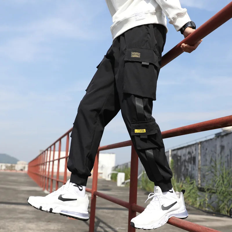 Classic Streetwear Casual Men Ribbons Harem Jogging Pants Male Slim Fit Spring Cargo Pants Multi-Pockets Women Trousers