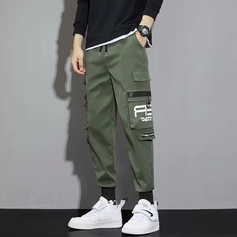 Classic Streetwear Casual Men Ribbons Harem Jogging Pants Male Slim Fit Spring Cargo Pants Multi-Pockets Women Trousers