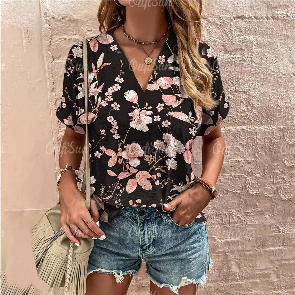 Short Sleeve V Neck Tshirt Women's Fashions Loose Plus Size Clothing Crushed Flower Casual T Shirts Streetwear Casual Woman Tops