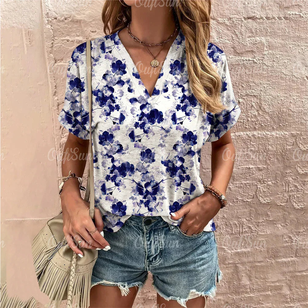 Short Sleeve V Neck Tshirt Women's Fashions Loose Plus Size Clothing Crushed Flower Casual T Shirts Streetwear Casual Woman Tops