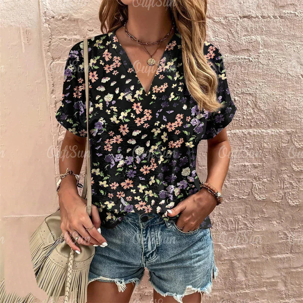 Short Sleeve V Neck Tshirt Women's Fashions Loose Plus Size Clothing Crushed Flower Casual T Shirts Streetwear Casual Woman Tops