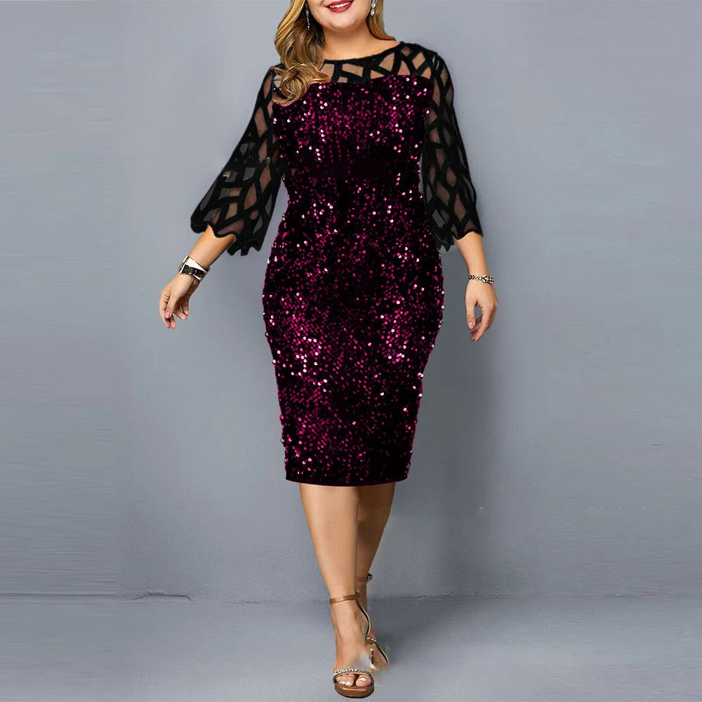 jf23  Elegant Sequin Plus Size 4XL 5XL Women Midi Dress Sexy Casual Evening Party Dresses Gown Wedding Luxury Robe Rouge Vestidos