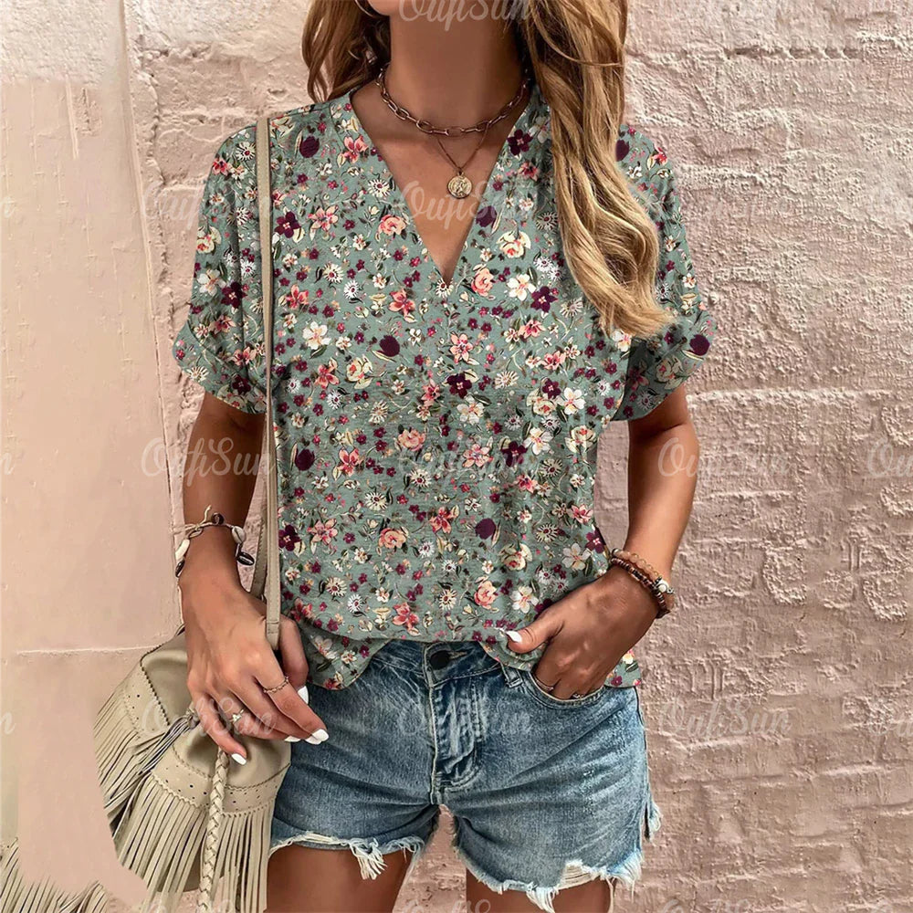 Short Sleeve V Neck Tshirt Women's Fashions Loose Plus Size Clothing Crushed Flower Casual T Shirts Streetwear Casual Woman Tops