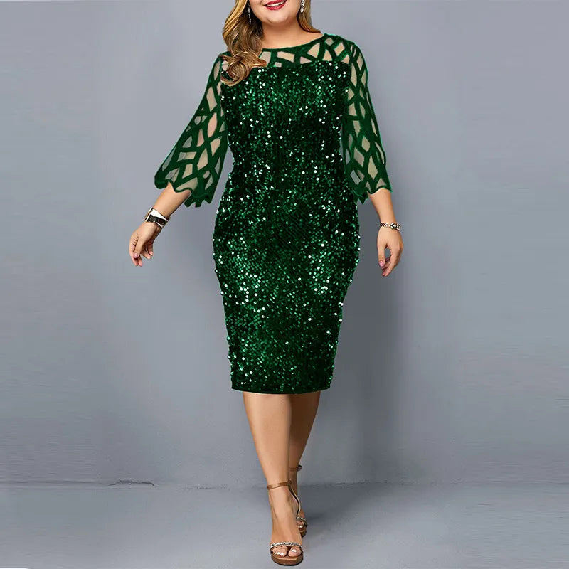 jf23  Elegant Sequin Plus Size 4XL 5XL Women Midi Dress Sexy Casual Evening Party Dresses Gown Wedding Luxury Robe Rouge Vestidos