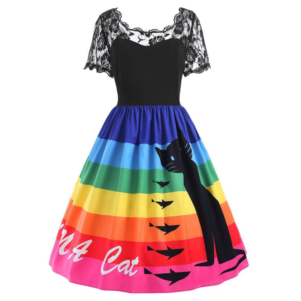 Vestido Arcoiris Gato Encaje Texto Festivo